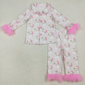 Wholesale Kids Girls Christmas Pajamas Sets Long Sleeve Button-up Tops Pants Sleepwear with <b>Fur</b> <b>Trim</b> Soft Pajamas Outfits - Product Image 3