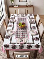 Nappe de table moderne à motifs floraux imprimés à la main en 100 % coton avec serviettes pour 6 personnes, usage domestique