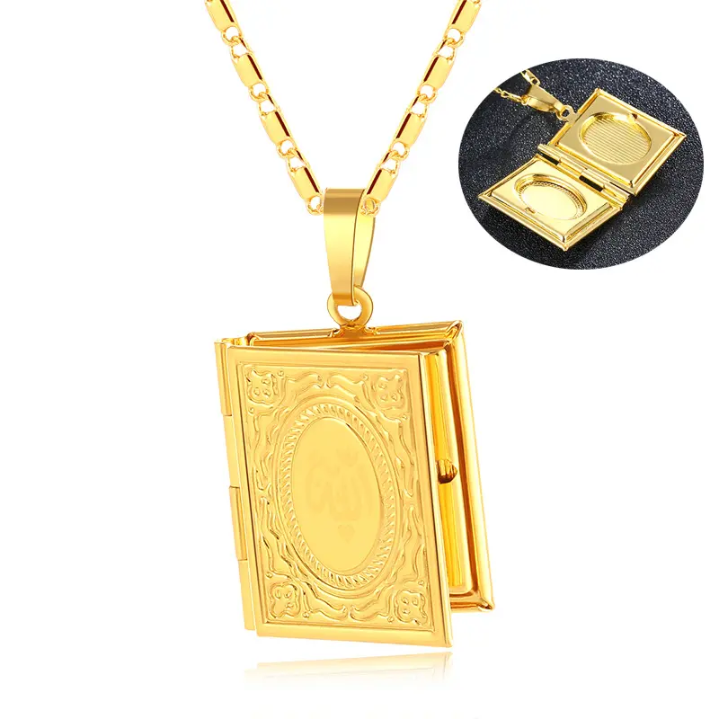 Collier islamique en or avec Totem du dieu, chaîne pour livre, médaillon Photo, bijoux de religieux, Allah