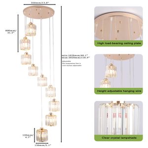 Lustre moderne en cristal doré à 9 lumières, design goutte de pluie, pour plafond haut, montage encastré, idéal pour escalier, hall d'entrée - Product Image 5