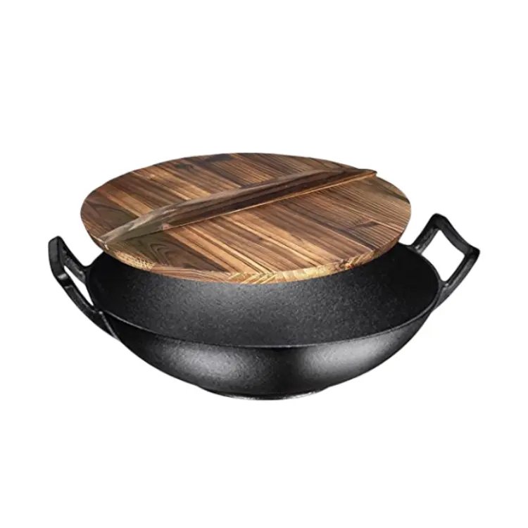 Wok De Ferro Fundido Pré-temperado Com Tampa De Madeira Wok Chinês Tradicional Ferro Forjado Para Cozinha De Casa