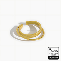 Bague ouverte à double bande en argent sterling 925 plaqué or 18 carats originale pour femmes Bijoux fins Bague texturée et polie pour dames