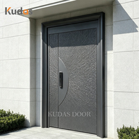 Porte d'entrée principale de sécurité moderne de luxe en aluminium moulé, simple ou demi-panneau, avec surface texturée sculptée en 3D pour la maison