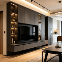 Meuble TV moderne en chêne anthracite avec porte vitrée et LED dorées pour projets de personnalisation de salons de style contemporain