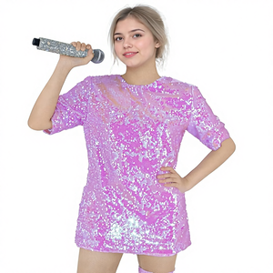 Abito Mini da Donna Taglie Forti con Scollo <span class=keywords><strong>a</strong></span> O, Paillettes Scintillanti, Antistatico, Vita Impero, Mezza Manica, Casual, Vestibilità Ampia, con <span class=keywords><strong>Calze</strong></span> <span class=keywords><strong>a</strong></span> <span class=keywords><strong>Rete</strong></span> Carine - Product Image 1