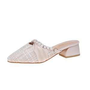 Sandálias Femininas de Verão 2026 Novas com Salto Grosso Estilo Coreano Bico Fino Meia Sandália com Tira de Fivela para Exterior Salto Baixo Estilo Fada Baotou - Product Image 6