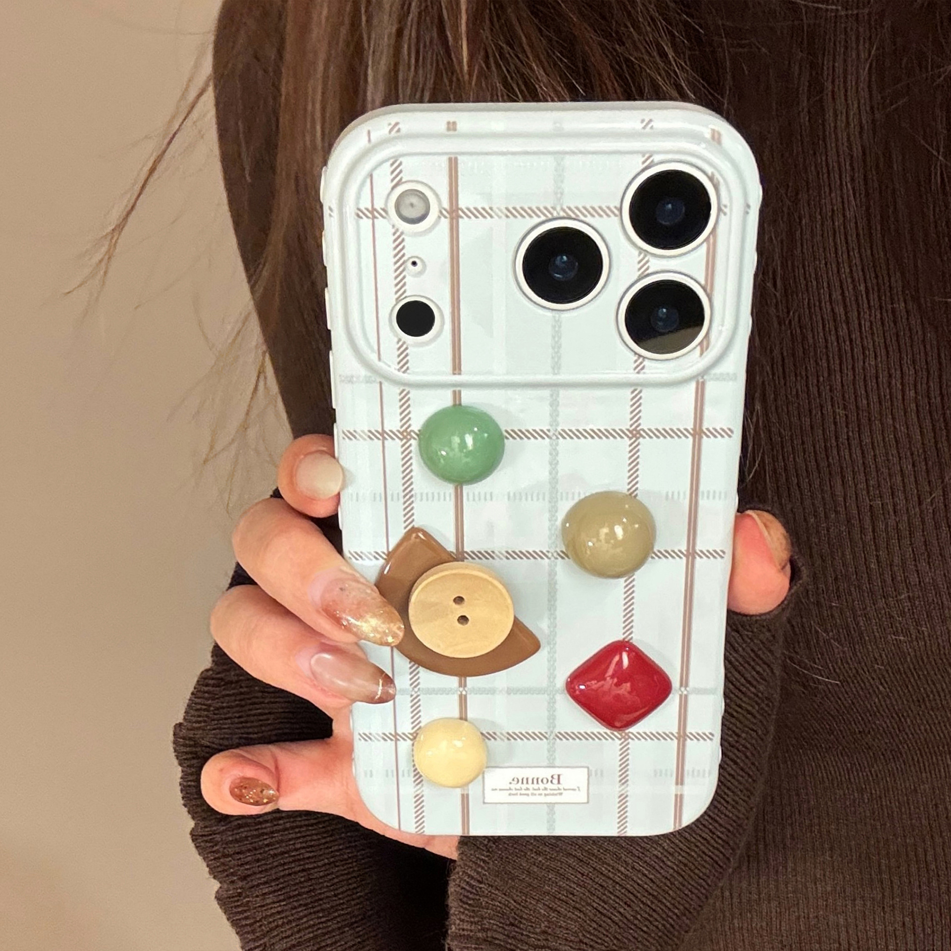 Sea Mist Blue Brown Check 3D Irregular Brown Button