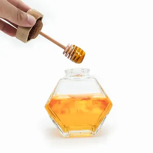 Empty Hexagonal Honeycomb Shape Glass Storage Pot Cruet Spice Herb Bee Honey Jar with Wooden Dipper and Bamboo Lid