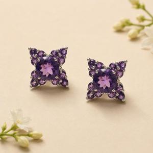 Wholesale 925 Sterling <b>Silver</b> Amethyst Cushion Cut Cluster <b>Stud</b> <b>Earrings</b> Rhodium Plated - Product Image 1