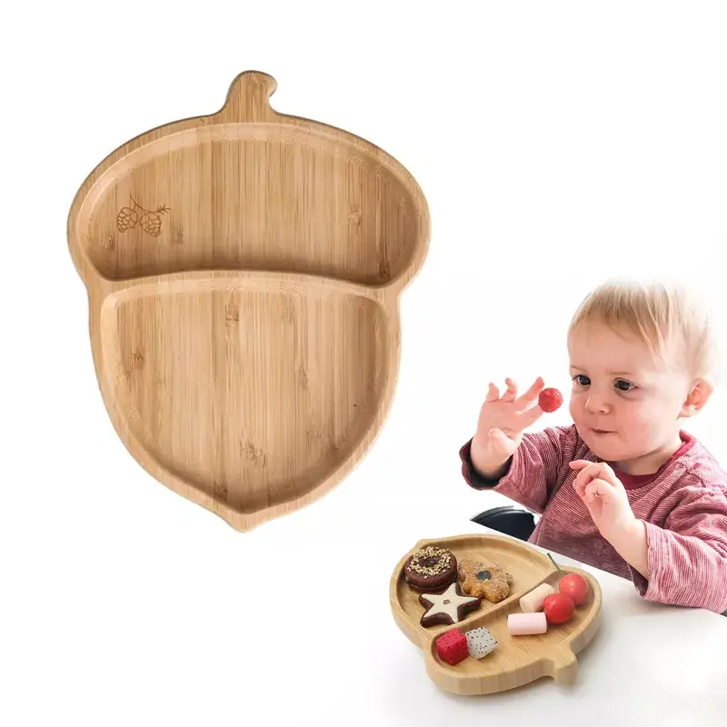 Piatti per bambini in bambù naturale di design piatti per bambini in Silicone a forma di nocciola di scoiattolo con aspirazione