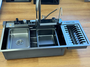 <span class=keywords><strong>Tiktok</strong></span> nueva tendencia grande <span class=keywords><strong>40</strong></span> pulgadas una pieza cascada grifo de acero inoxidable dos cuencos biónico panal negro fregadero de cocina - Product Image 5