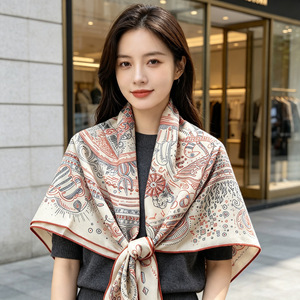 Silk Scarf 135*135cm Twill Hand Rolled Hem <b>Screen</b> Printed Digital Design <b>Leaf</b> Long Square Scarf Wholesale - Product Image 1