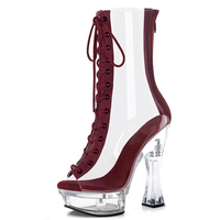 Bottines à talons épais de 6 pouces, modèle à bout ouvert, fermeture éclair, pour boîte de nuit, danse sur poteau, couleur contrastée, transparentes, chaussures de 14 cm