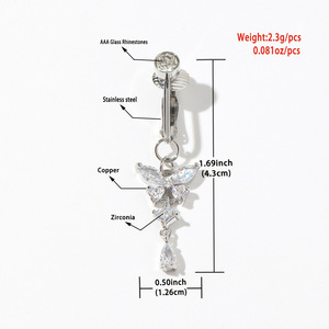 Nouveau <span class=keywords><strong>piercing</strong></span> de nombril factice à clipser en acier inoxydable, boucle d'oreille <span class=keywords><strong>cartilage</strong></span>, bijou de corps pour femme, anneaux de nombril papillon - Product Image 2