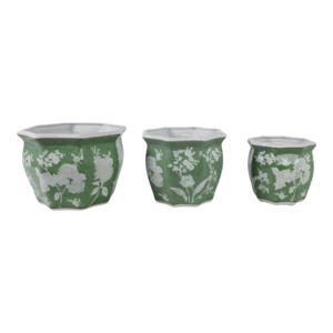Set di Vasi in Ceramica con Motivo Floreale Verde e Bianco, Esagonali per Interni ed Esterni, per Piante Grasse e Felci, Decorazione Casa - Product Image 1
