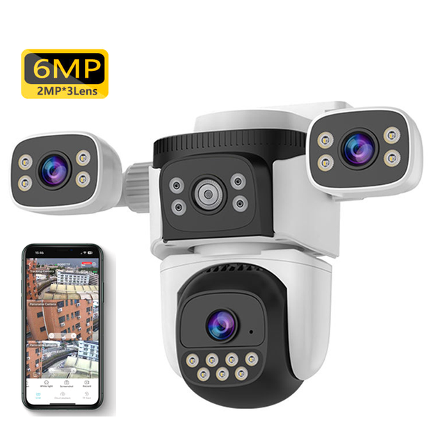 New Arrival 12MP Outdoor WiFi Security Camera 3 Lens 3 Screens Wireless WiFi Network IP66 Surveillance PTZ Night Vision SD Card