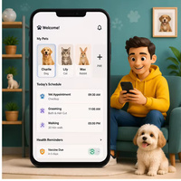 Application de services pour animaux de compagnie avec carte des vétérinaires, des salons de toilettage, des services de gardiennage et de promenade de chiens près de chez vous, multilingue pour MAC/Linux, pour les propriétaires d'animaux.
