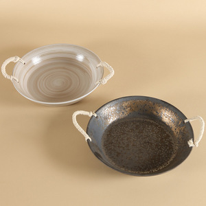 <b>Ceramic</b> Serving <b>Plate</b> Round Handmade Crackle Glaze Retro Design With Rope Handles For Party Or Home Use - Product Image 1