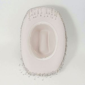 Sombrero de Lujo para Boda, Fiesta de Mardi Gras, Sombrero de Vaquero Occidental, Sombrero de Jazz con Borlas de Diamantes de Imitación, Sombrero de Vaquero Blanco - Product Image 4