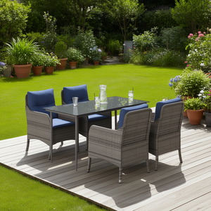 Set da Pranzo da Giardino in Rattan PE Grigio, Acciaio Verniciato a Polvere, Vetro Temperato, 4 Posti, Arredamento da Esterno Stile Contemporaneo - Product Image 2