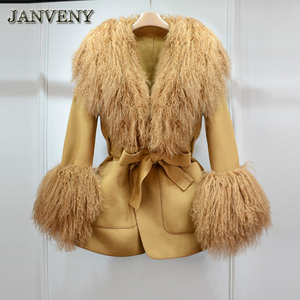 JANVENY Cappotto Ampio Invernale da <span class=keywords><strong>Donna</strong></span> 2024 in Cachemire con Collo e Polsini in Vera Pelliccia di Pecora Mongola e Allacciatura - Product Image 5