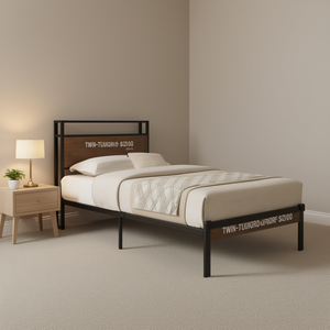 Cadre de lit plateforme en métal taille double avec tête et pied de lit en bois, design industriel, mobilier de chambre à coucher - Product Image 2