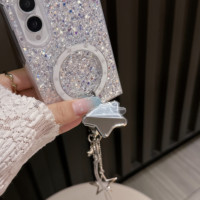 Étui Scintillant Bling pour Samsung Z Fold 8, Coque Miroir Étoilé Pliable avec Support, Chaîne Dragonne, Housse Arrière Protectrice Élégante pour Femme