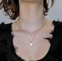 Mode Plaqué Or Deux Couches Chaîne Mix Taille Véritable Perle Déclaration Charme Collier