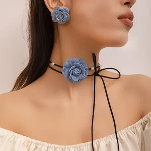 Wannee 2Pcs/Set Blue Denim Flower Choker Necklaces Sets Pearl Beaded Multilayer Lace-Up Necklace Stud Earrings Set For Women