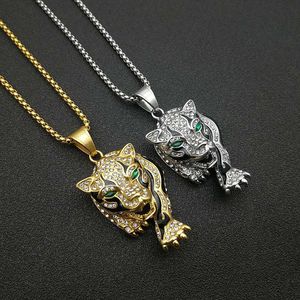 Gold Plated Leopard Head Pendant <b>Necklace</b> With Diamond Pave Setting <b>For</b> <b>Men</b> Party Jewelry Stainless Steel Animal Zodiac Design - Product Image 2