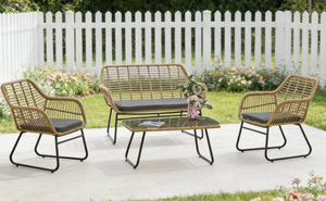 Vente flash : Ensemble de meubles de patio 4 pièces |   Canapé et chaises en rotin tressé avec table basse en verre - Product Image 5