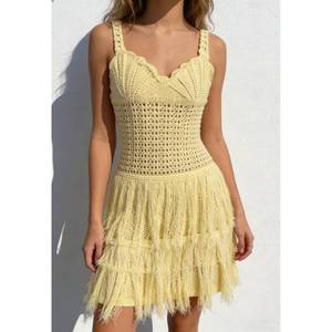 <span class=keywords><strong>Vestido</strong></span> de punto <span class=keywords><strong>amarillo</strong></span> para mujer, sin mangas, con borde festoneado, espalda descubierta, con lazo en la espalda y flecos, ropa de playa - Product Image 3