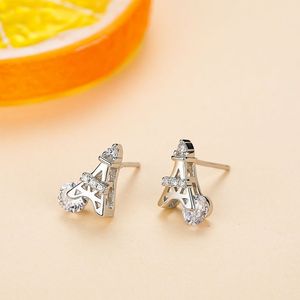 Boucles d'oreilles clous Tour Eiffel en argent sterling S925 avec zircone taille ronde, version cuivre personnalisable - Cadeau créatif pour femme - Product Image 5