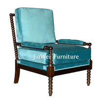 American Traditional Navy Blue Velvet Wingback Chair Spindle High Back Accoudoir Solid Wood Leisure Chair for Home Office Living