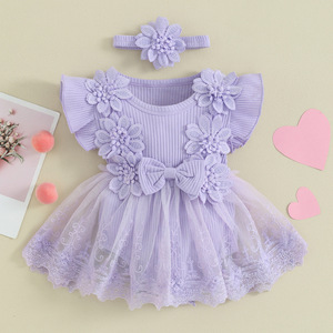 Abbigliamento per Bambini, Nuova Collezione Primavera-Estate, Tutina in Cotone con Fiori per Bambina, Maniche in Pizzo a Rete con Volant, Bottoni Nascosti, <span class=keywords><strong>Vestiti</strong></span> per Neonati - Product Image 2