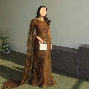 Sharon Said SF539 Vestido de Noche Estilo Sirena Drapeado en Encaje Marrón con Mangas Largas para Mujer Boda Árabe y Baile de Graduación - Product Image 1