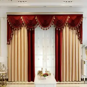 European style black out material fabric curtains decor solid color Plain stitching velvet valance curtains for living room