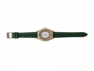 Montre à bague en diamant pour femme avec boîtier plaqué or et bracelet en cuir vert, style élégant pour occasion cadeau - Product Image 1