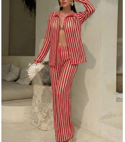 Set Baju Pantai Wanita Seksi 4 Pcs, Atasan Crop Top Lengan Panjang Bergaris 4 Warna, Celana Panjang, Bikini