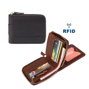 Card Wallet Genuine Leather Wallet with Zipper Custom Logo Rfid Blocking Classic 10 Luxury Waterproof Vintage Short OEM Unisex