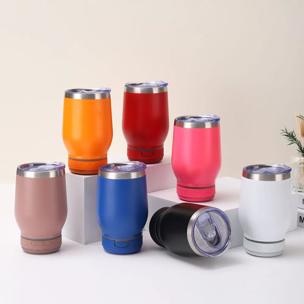 ออกแบบใหม่ 12oz LED ลําโพงบลูทูธแก้วไวน์ขายส่งถ้วยสแตนเลส 12oz Tumbler พร้อมลําโพงบลูทูธ