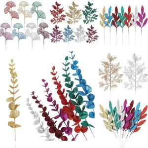 Feuilles artificielles à paillettes dorées, décorations de Noël, fausses feuilles vertes pour arbre de Noël, couronne, arrangement floral DIY, vente en gros - Product Image 3