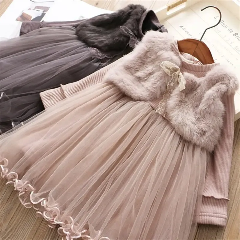 Spring Foreign Style Mesh Skirt 2-7 T Winter Baby Girl Princess Pink Vest tulle Dress With fur Long Sleeves Baby Dress for girls