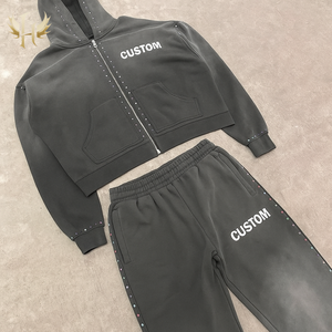 Custom Distressed Zip up Colorful Rhinestone Flared Sweatpants and Hoodie Sets Men Streetwear <strong>Tracksuit</strong> Acid Wash Sweatsuit - Product Image 3