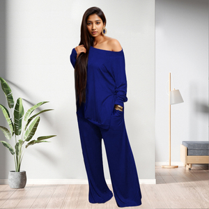 Ensemble deux pièces décontracté pour femme, chemisier fendu grande taille et pantalon large, tenue de détente - Product Image 5