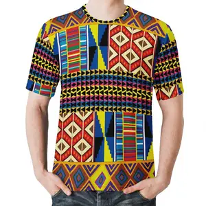 Print Op Aanvraag Afrikaanse Tribale Kente Print Kleding Fabrikanten Mode 2024 Custom Heren Polyester Spandex Hals T-Shirt