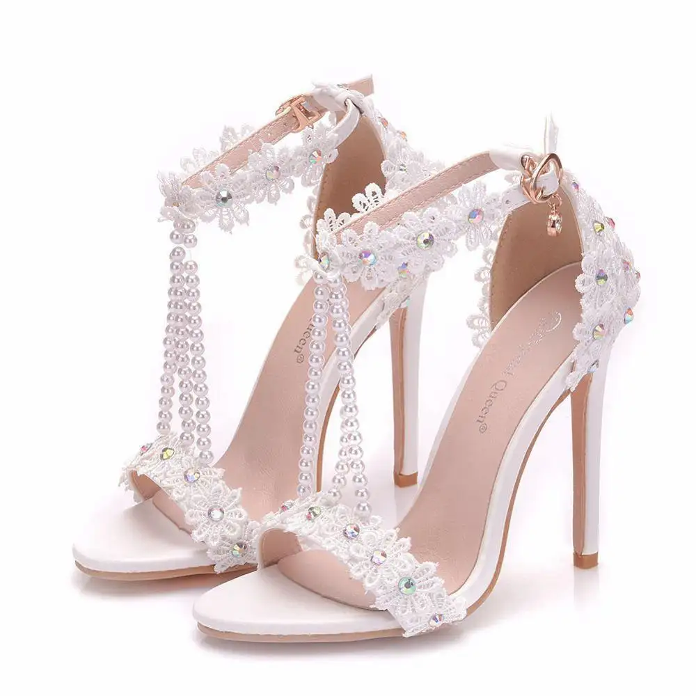 Zapatos de boda elegantes y hermosos, con encaje blanco y tacón alto de diamantes, envío gratis