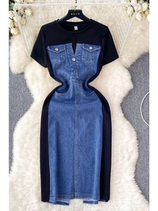 2024 nouveau col rond à manches courtes Patchwork longue en gros été <span class=keywords><strong>chemise</strong></span> <span class=keywords><strong>Jean</strong></span> Denim femmes mode tenue décontractée pour dames - Product Image 5