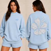 Ensemble sweat-shirt et short pour femme OEM, col montant, imprimé brodé de fleurs d'hibiscus en dentelle de haute qualité, vêtements décontractés pour femme