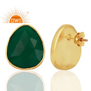 Classic Green <b>Onyx</b> Gemstone Stud <b>Earring</b> Wholesale Yellow Gold Plated Silver Stud <b>Earring</b> Women Gemstone Jewelry Supplier - Product Image 3